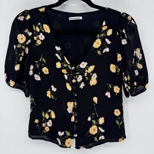 Reformation Black Floral Cropped Blouse Puff Sleeve Button Front XS